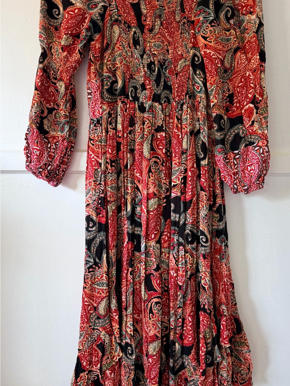 Angie | Bohemian Red Paisley Maxi Dress with Smocked Bodice Small - Picture 3 of 4